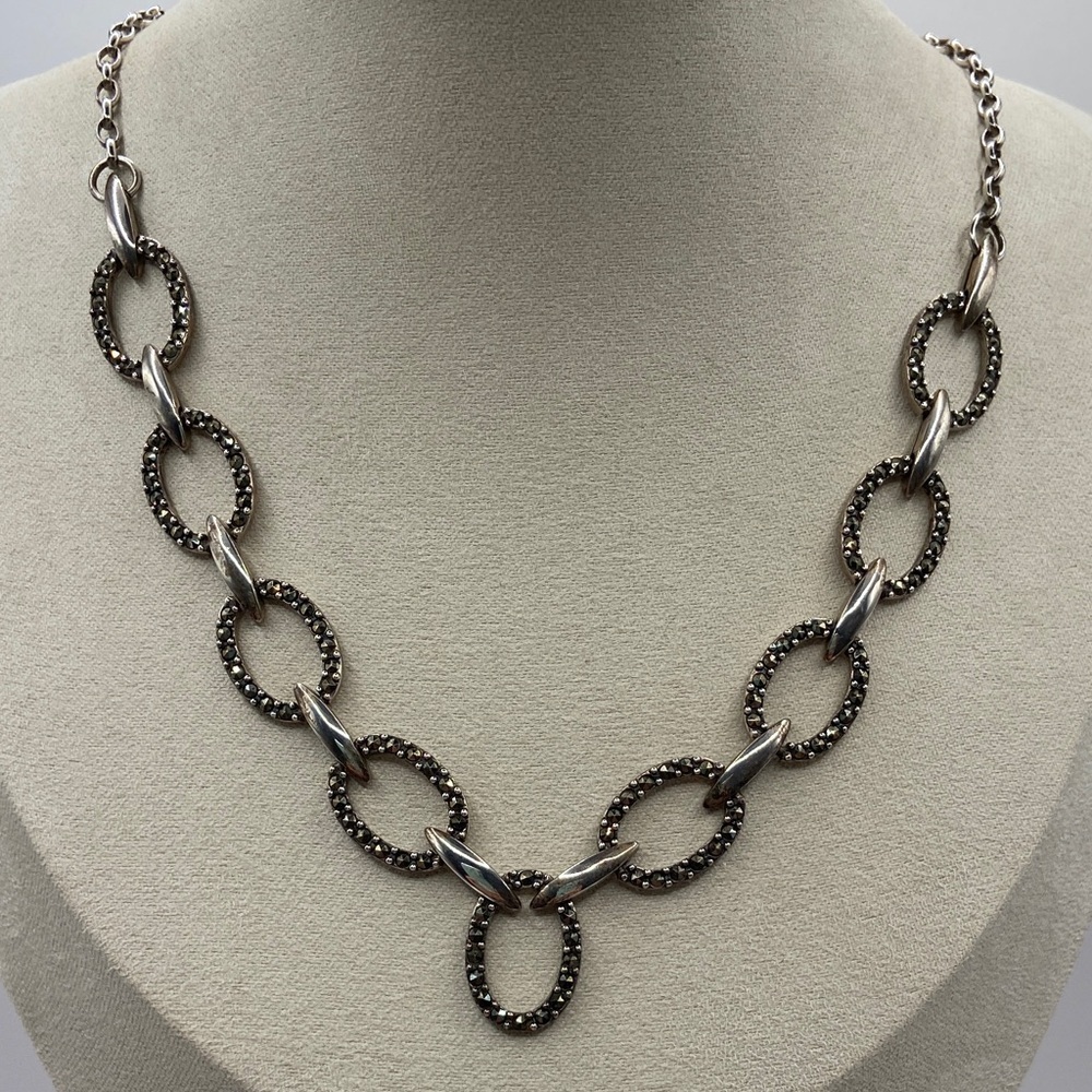 Vintage Suspicion Marcasite Sterling Silver 925 Oval Link Necklace 16”L